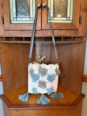 Chloe and Lex Chloe Square Boho Tassel Crossbody Bag - Cream and Light Blue